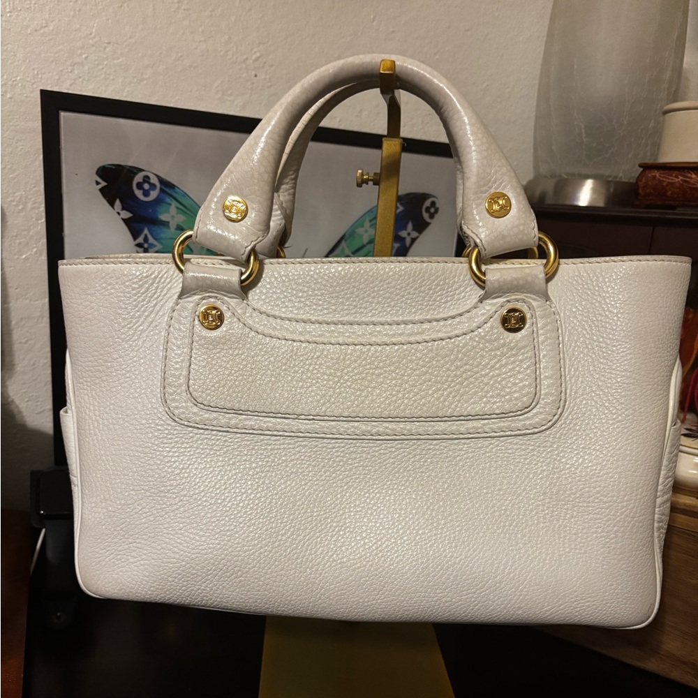 Celine Boogie White Leather Handbag with Gold Accents